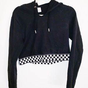 Black stretchy cropped hoodie with checkered band